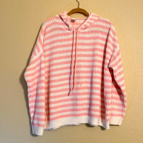✨Time And Tru•Knitted Hoodie•Pink & White Striped•Large(12-14)✨ - Picture 1 of 6